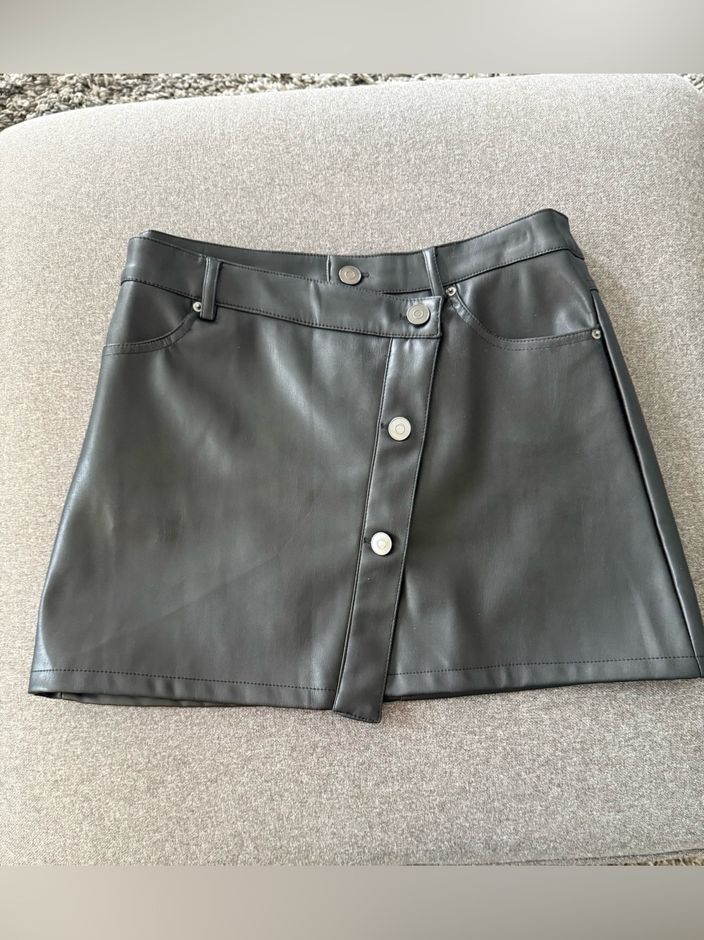 Black Faux Leather Mini Skirt - Button Detail - Size M - Worn Once